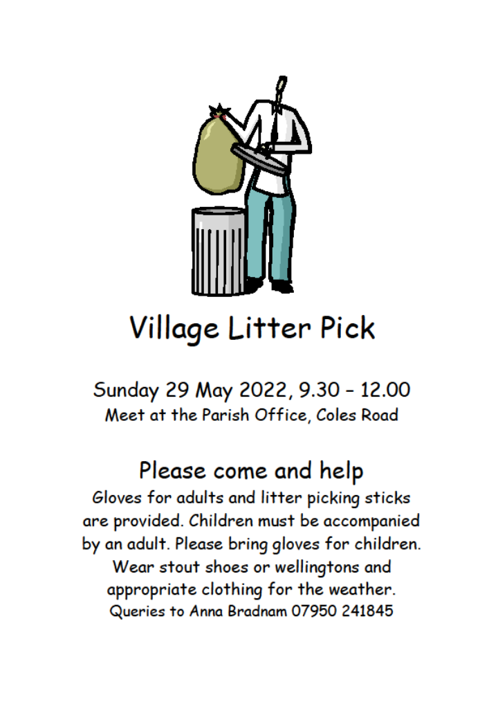 Advertisement for village litter pick 29th May, 9:30 - 12:30. Meet at the Parish Office