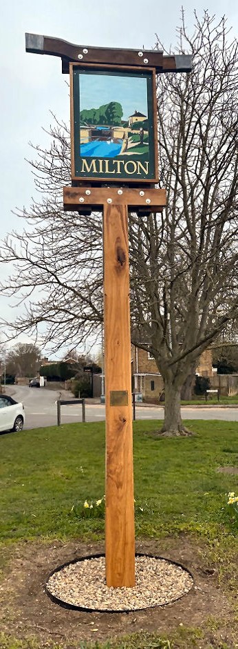 Renovated village sign and new oak post on Pond grean